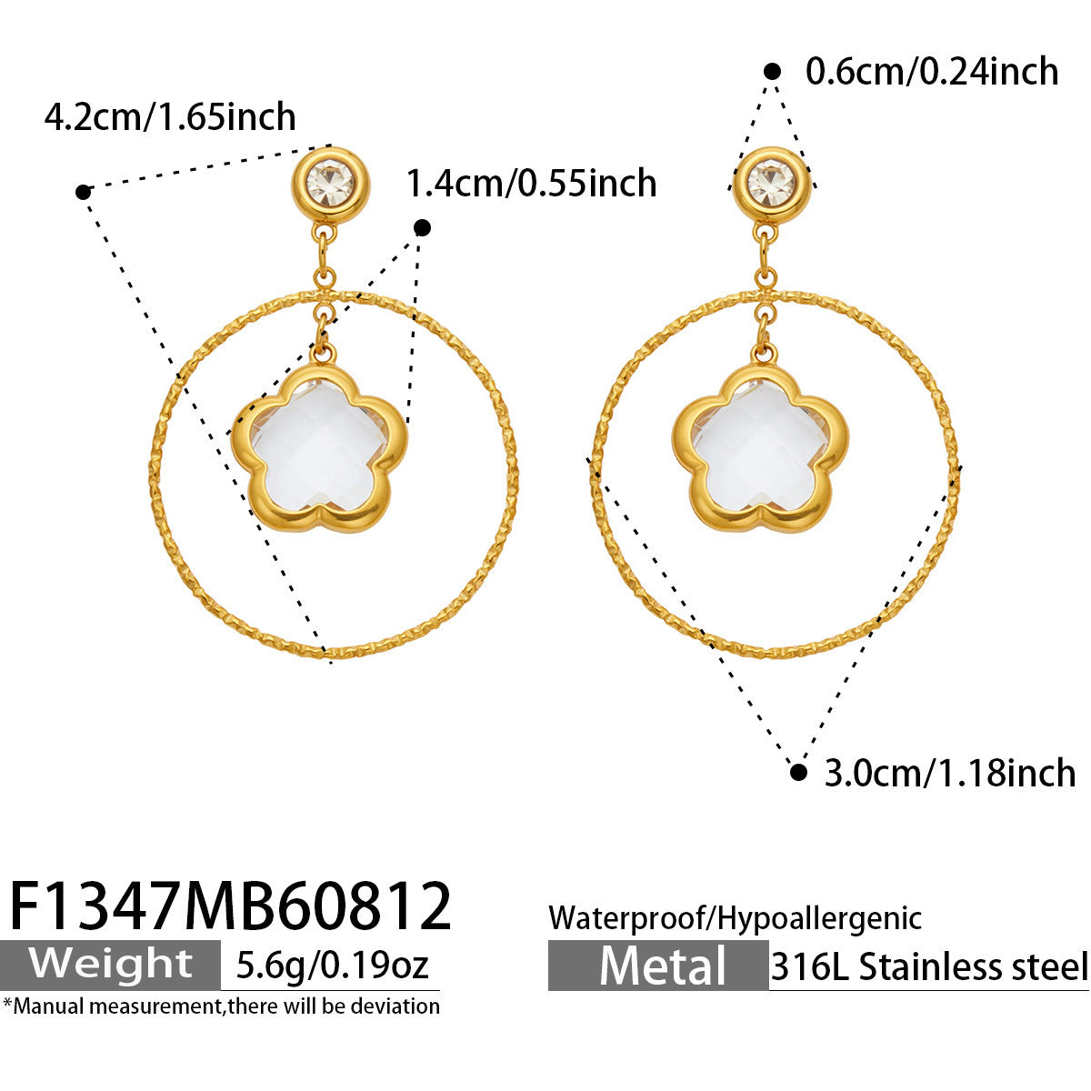 316L Stainless Steel 18K PVD Gold Five Petal Flower Dangle Earrings made with 316L stainless steel and 18K PVD gold finish for wholesale jewelry buyers - image 6