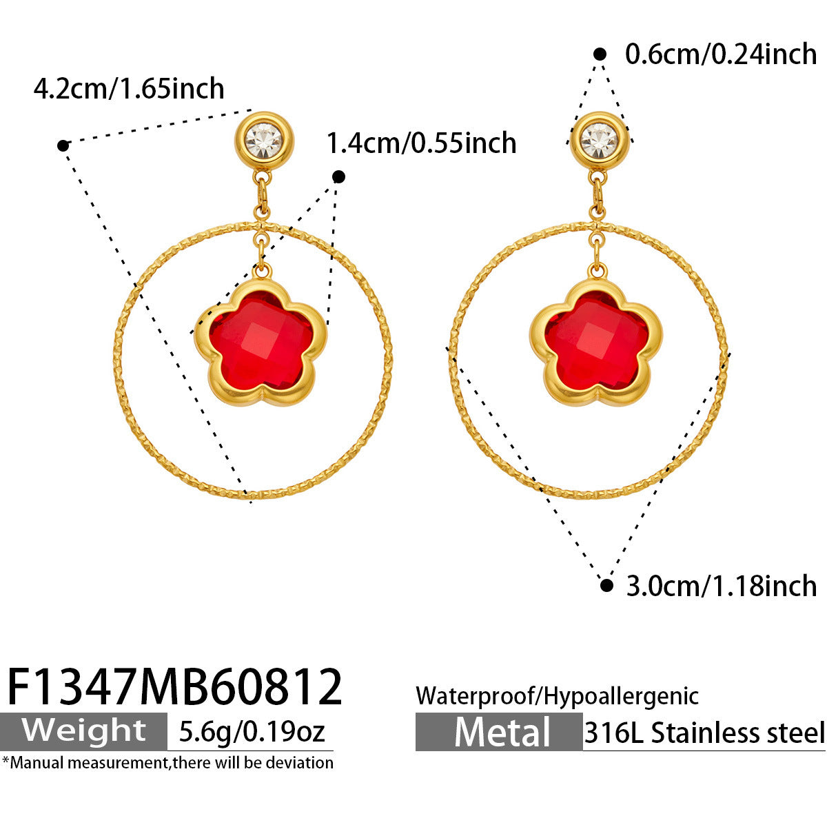 316L Stainless Steel 18K PVD Gold Five Petal Flower Dangle Earrings made with 316L stainless steel and 18K PVD gold finish for wholesale jewelry buyers - image 7