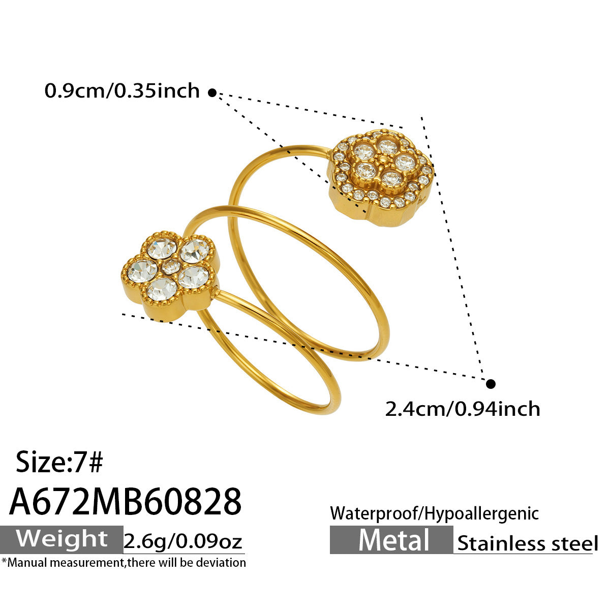Elegant 316L Stainless Steel Flower Zircon Ring Front View