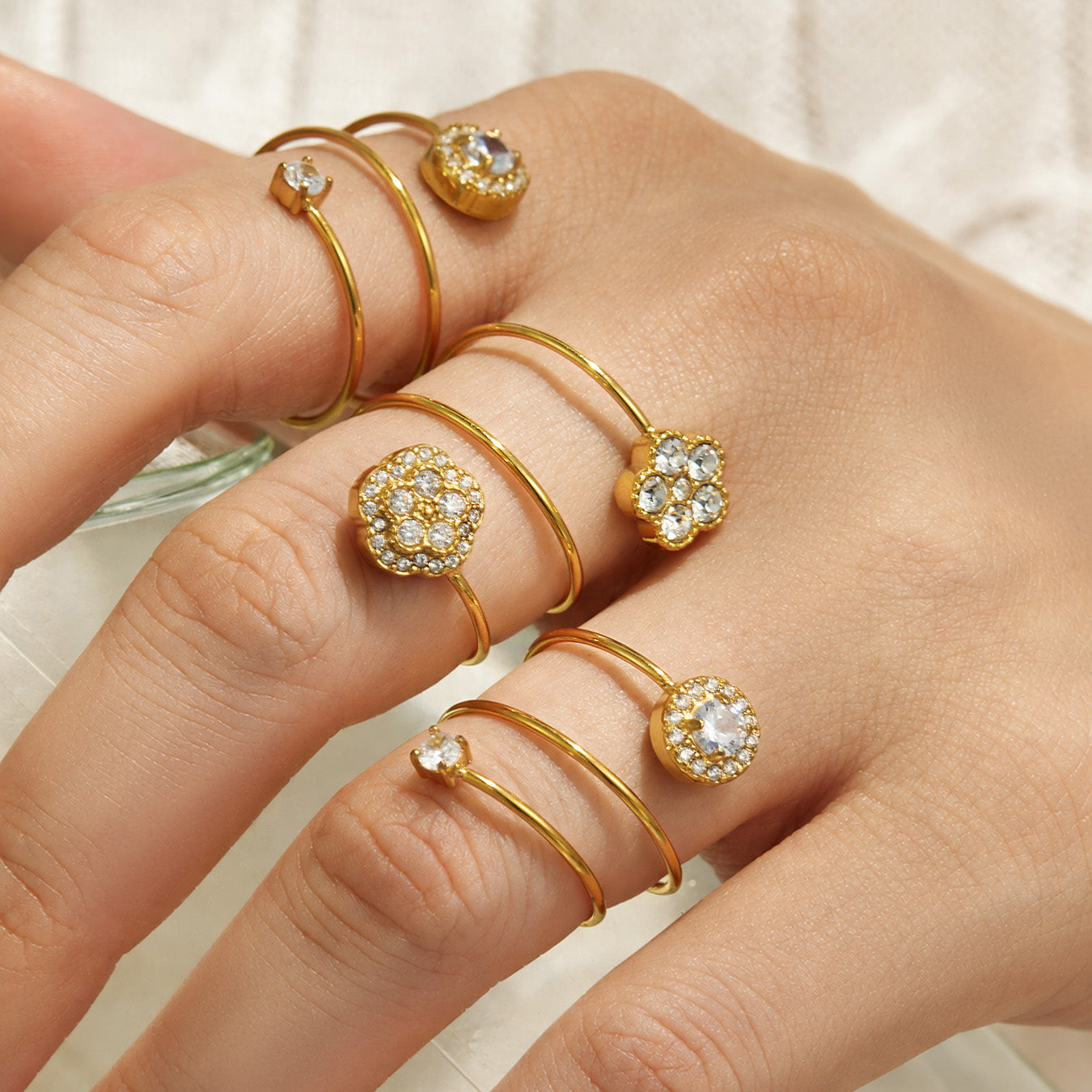 316L Stainless Steel 18K PVD Gold Flower Zircon Ring made with 316L stainless steel and 18K PVD gold finish for wholesale jewelry buyers - image 11
