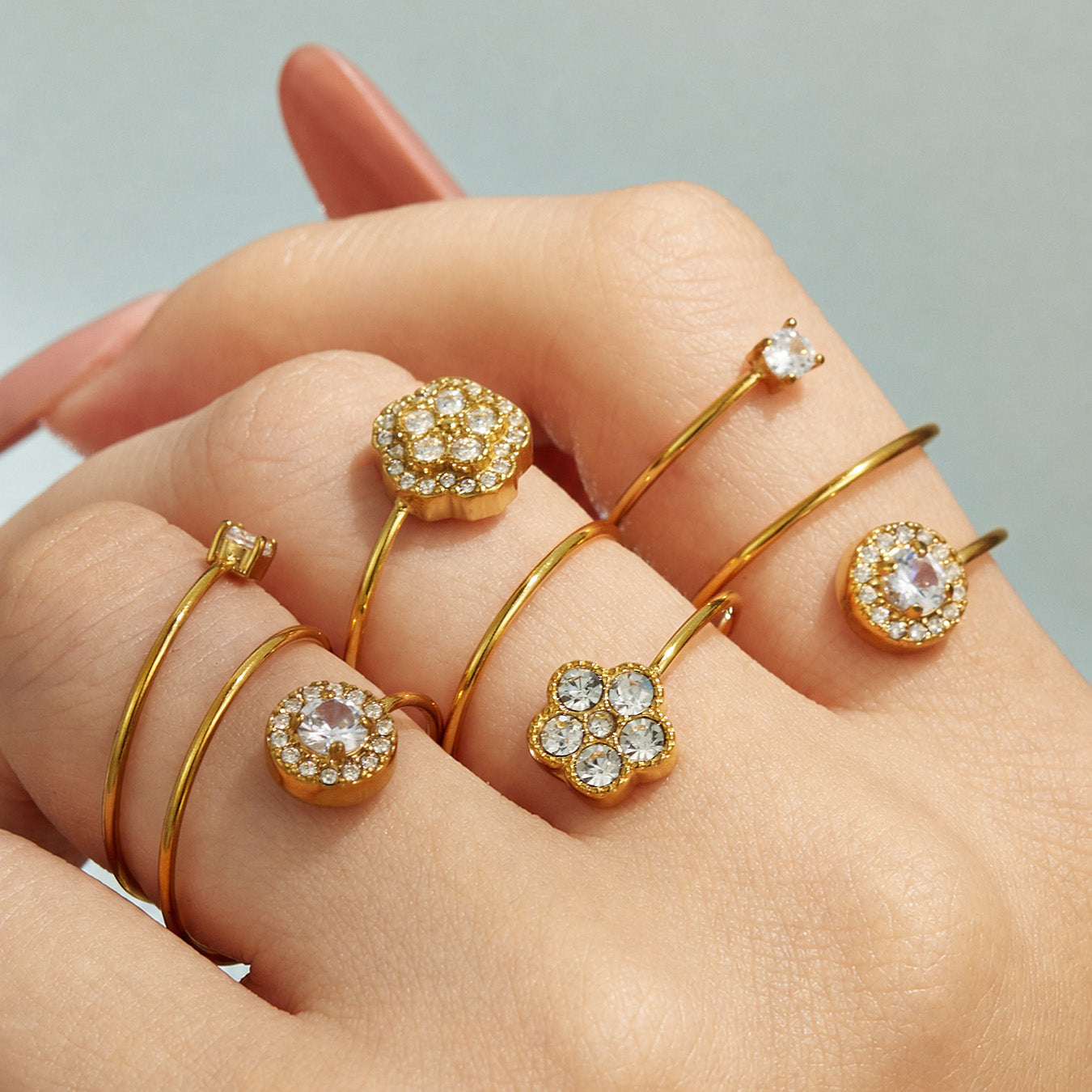 316L Stainless Steel 18K PVD Gold Flower Zircon Ring made with 316L stainless steel and 18K PVD gold finish for wholesale jewelry buyers - image 9