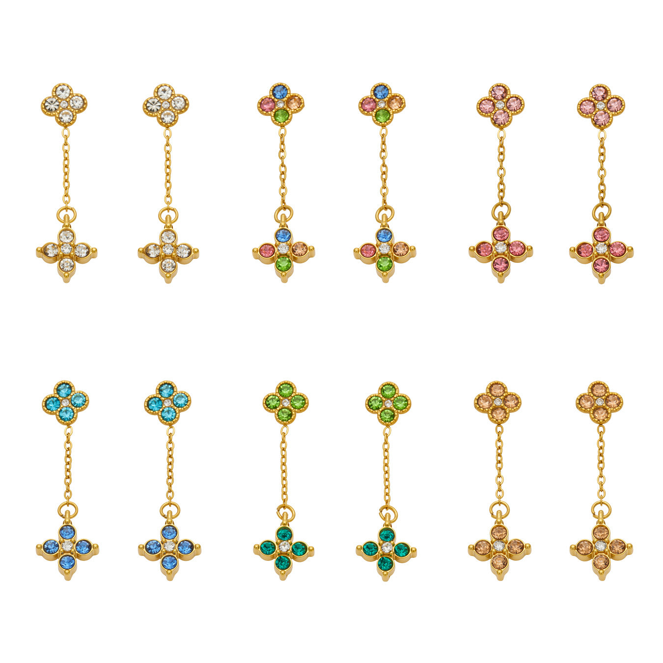 Four-leaf clover cubic zirconia drop earrings in multiple colorful gold-tone styles