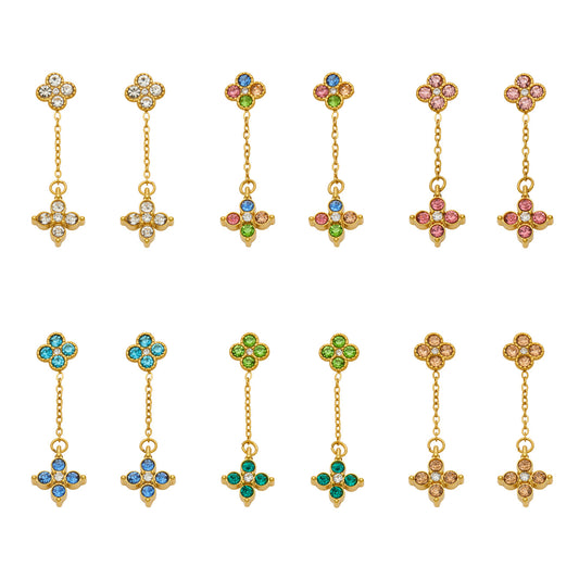 Four-leaf clover cubic zirconia drop earrings in multiple colorful gold-tone styles