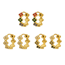 Four-leaf clover cubic zirconia huggie earrings in white, multicolor and black CZ gold styles