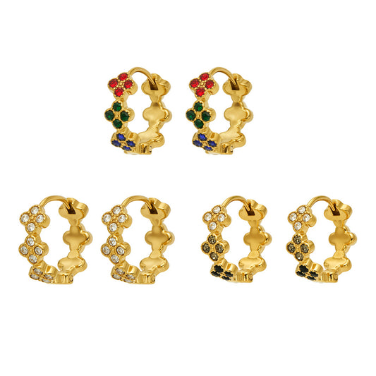 Four-leaf clover cubic zirconia huggie earrings in white, multicolor and black CZ gold styles