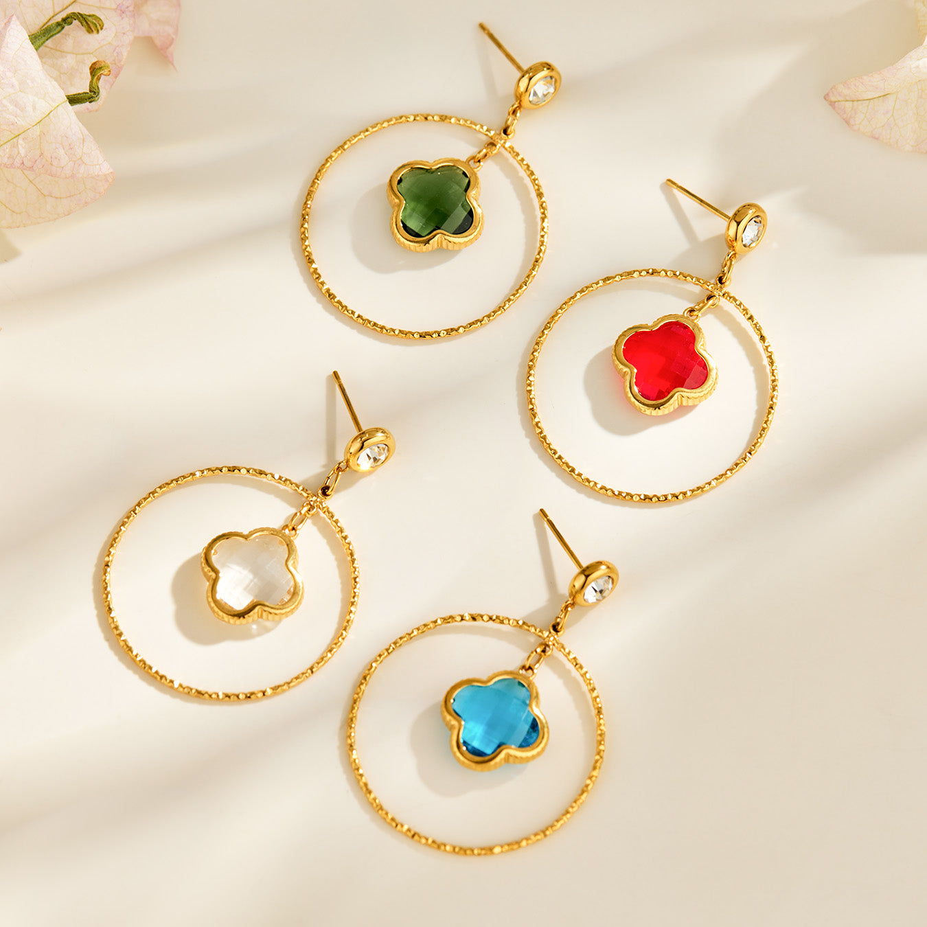 316L Stainless Steel 18K PVD Gold Four Leaf Flower Earrings made with 316L stainless steel and 18K PVD gold finish for wholesale jewelry buyers - image 10