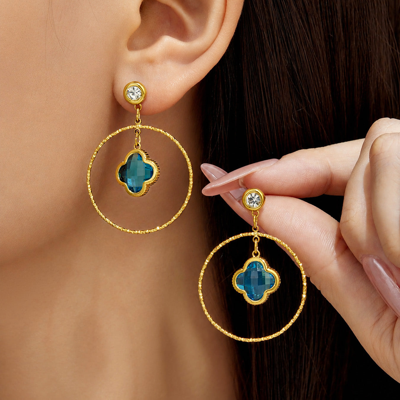 316L Stainless Steel 18K PVD Gold Four Leaf Flower Earrings made with 316L stainless steel and 18K PVD gold finish for wholesale jewelry buyers - image 12