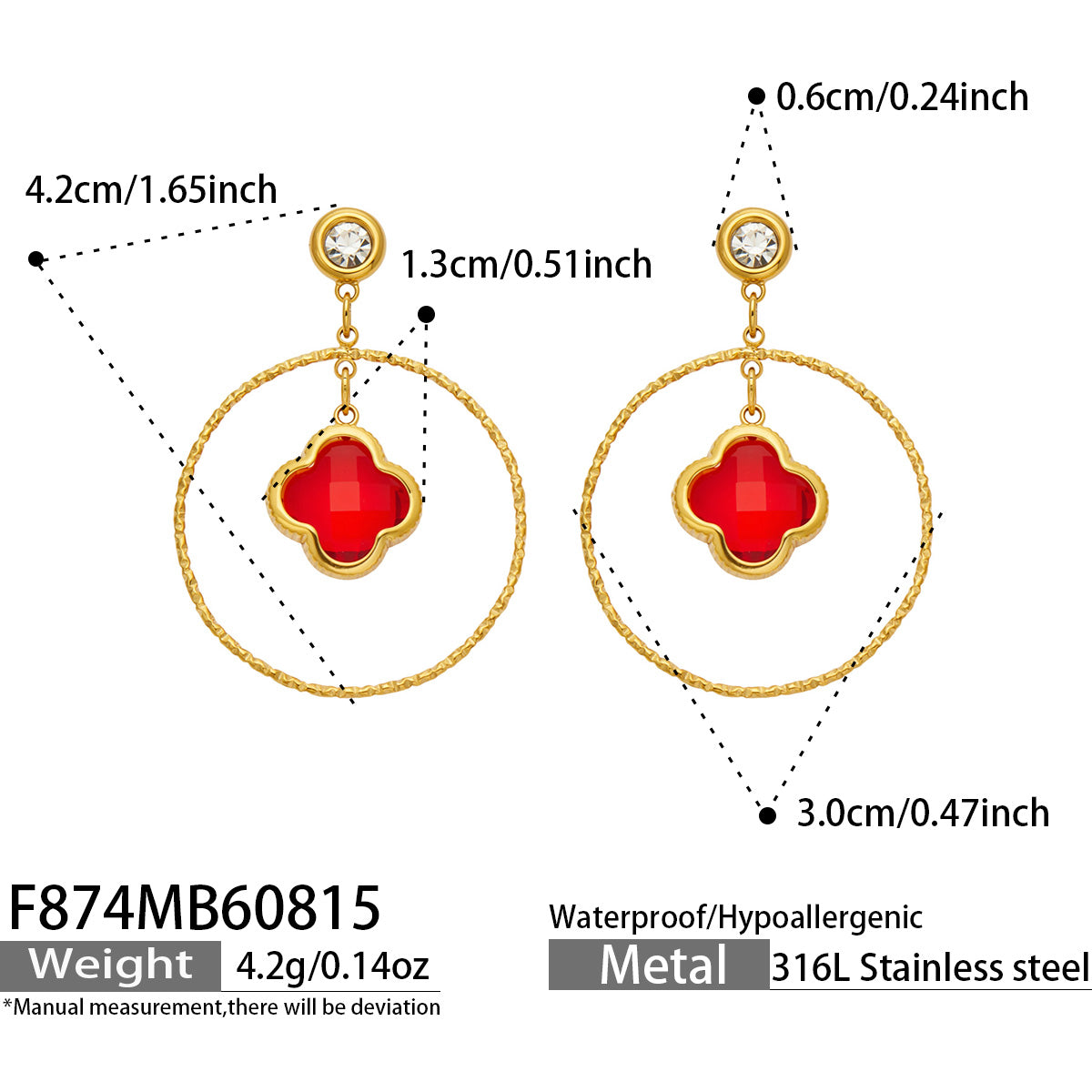 Red Czech glass four leaf flower earrings displayed elegantly