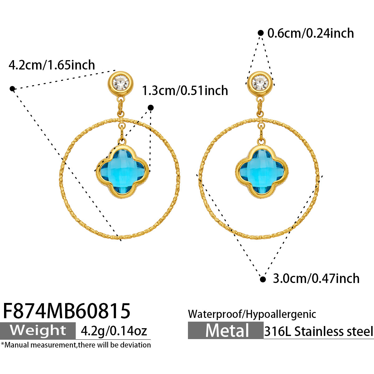 Blue Czech glass four leaf flower earrings with vibrant details