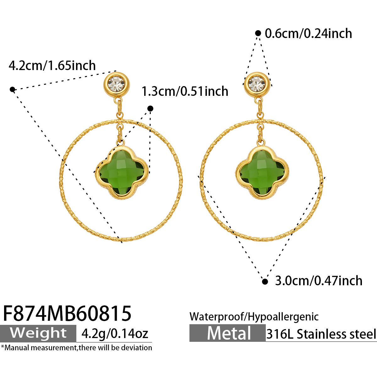 Green Czech glass four leaf flower earrings showcasing style