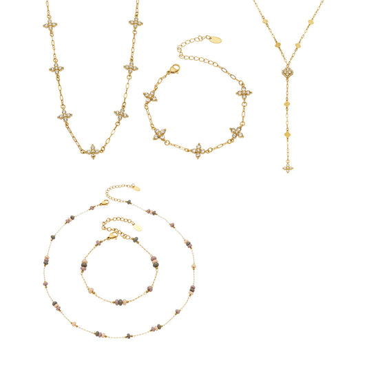 Clover zircon and natural stone necklace bracelet collection in stainless steel for boutique wholesale jewelry