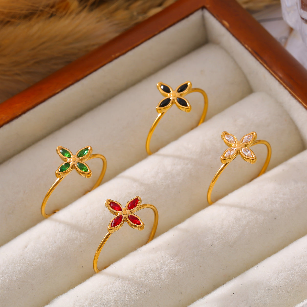 316L Stainless Steel 18K PVD Gold Four Petal Zircon Ring made with 316L stainless steel and 18K PVD gold finish for wholesale jewelry buyers - image 6