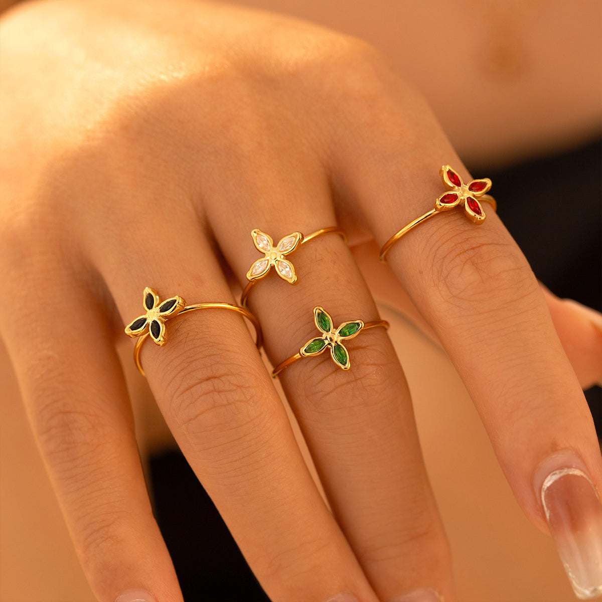 316L Stainless Steel 18K PVD Gold Four Petal Zircon Ring made with 316L stainless steel and 18K PVD gold finish for wholesale jewelry buyers - image 9