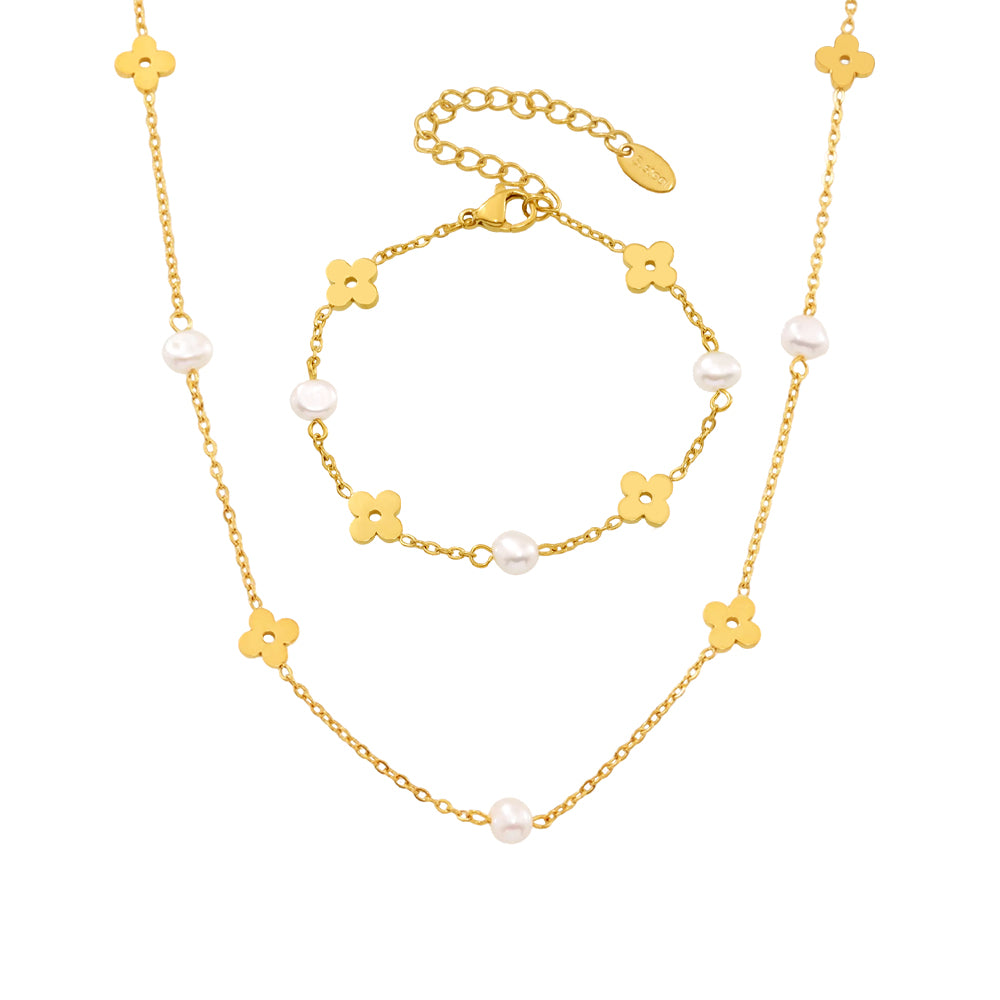 Freshwater pearl clover necklace and bracelet in gold-tone stainless steel with delicate matching design