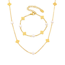 Freshwater pearl clover necklace and bracelet in gold-tone stainless steel with delicate matching design