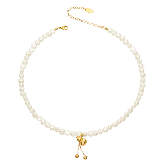 Freshwater pearl pendant necklace with gold gourd charm