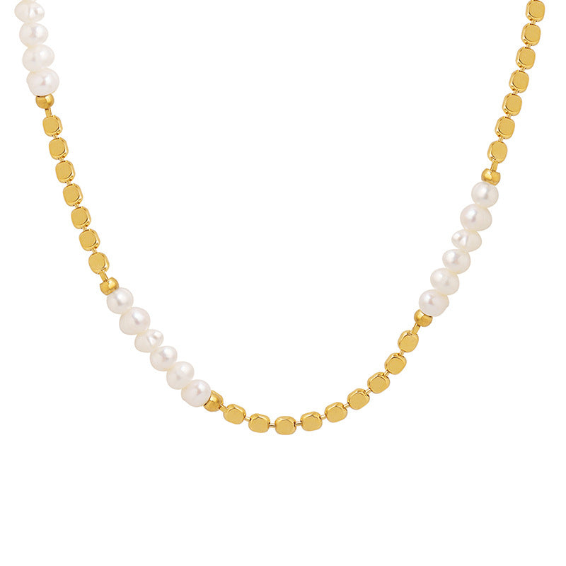 Freshwater pearl splice necklace with gold plated brass bead chain for wholesale boutique jewelry buyers