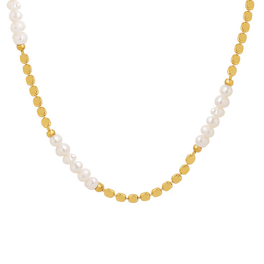Freshwater pearl splice necklace with gold plated brass bead chain for wholesale boutique jewelry buyers