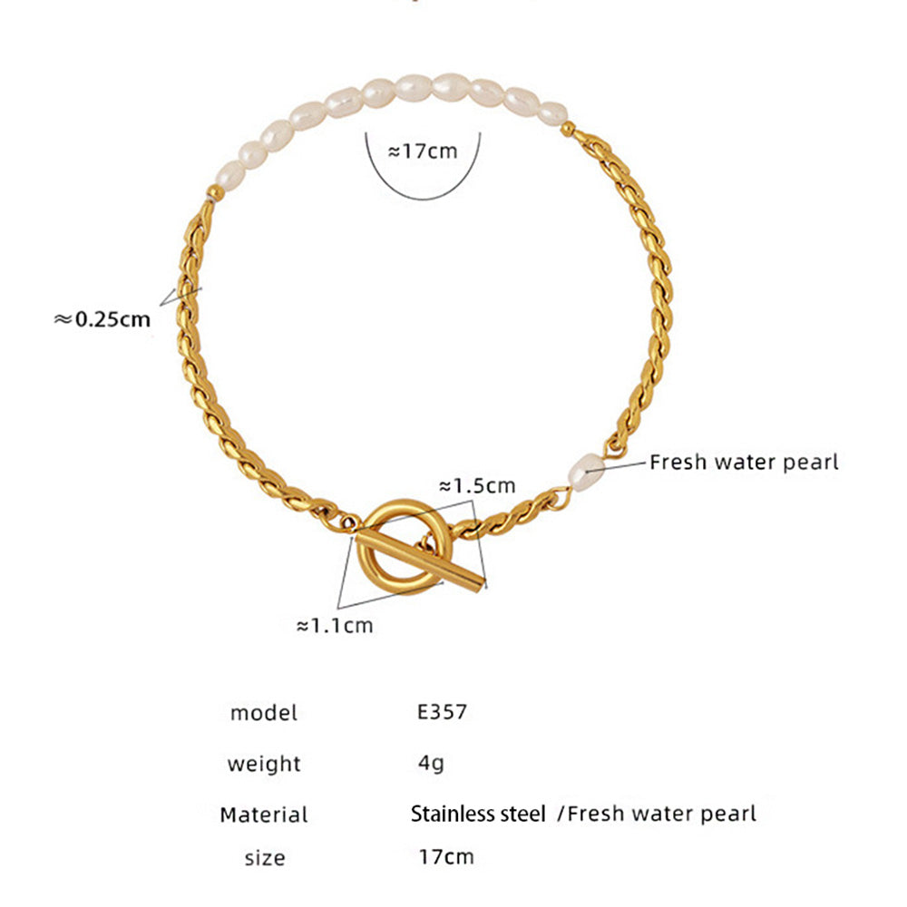 Size and measurement details for a freshwater pearl stainless steel toggle clasp bracelet