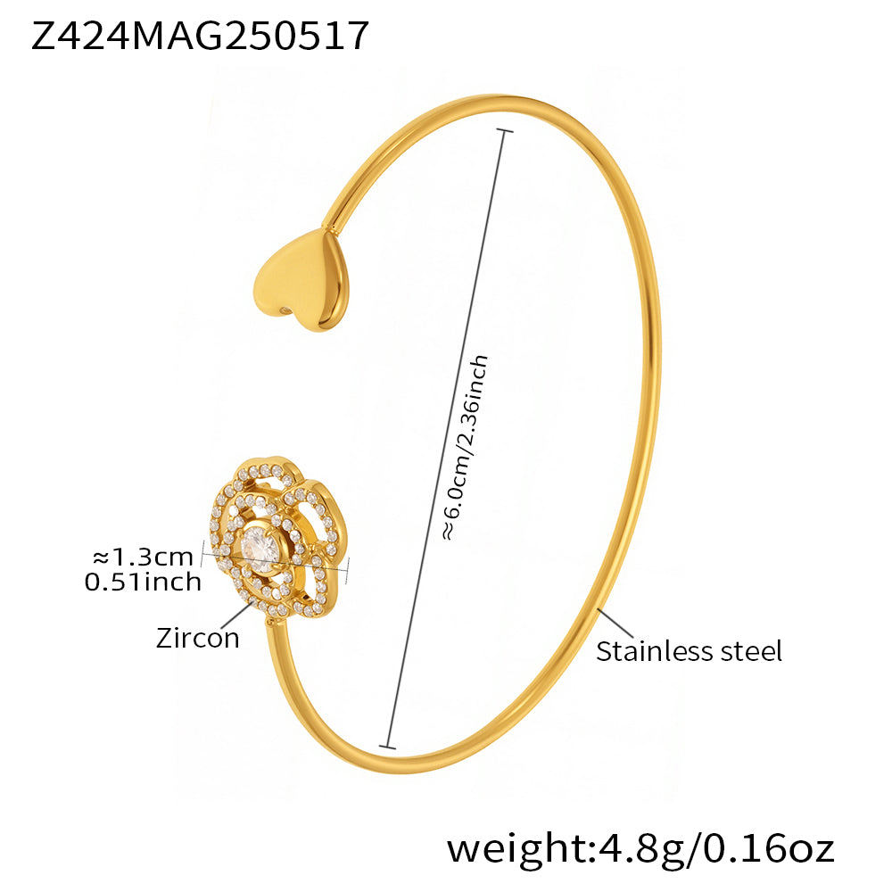 18K gold plated bangle (Z424MAG250517), 5A zircon heart rose design, inner diameter 6.0cm, weight 4.8g