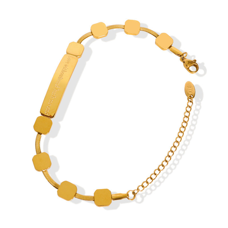 Gold geometric bar chain bracelet in stainless steel with square bead details