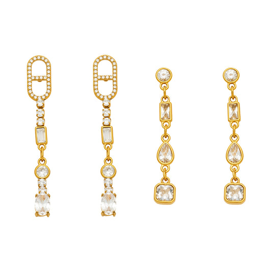 Geometric cubic zirconia long drop earrings in 316 stainless steel with gold and steel finishes
