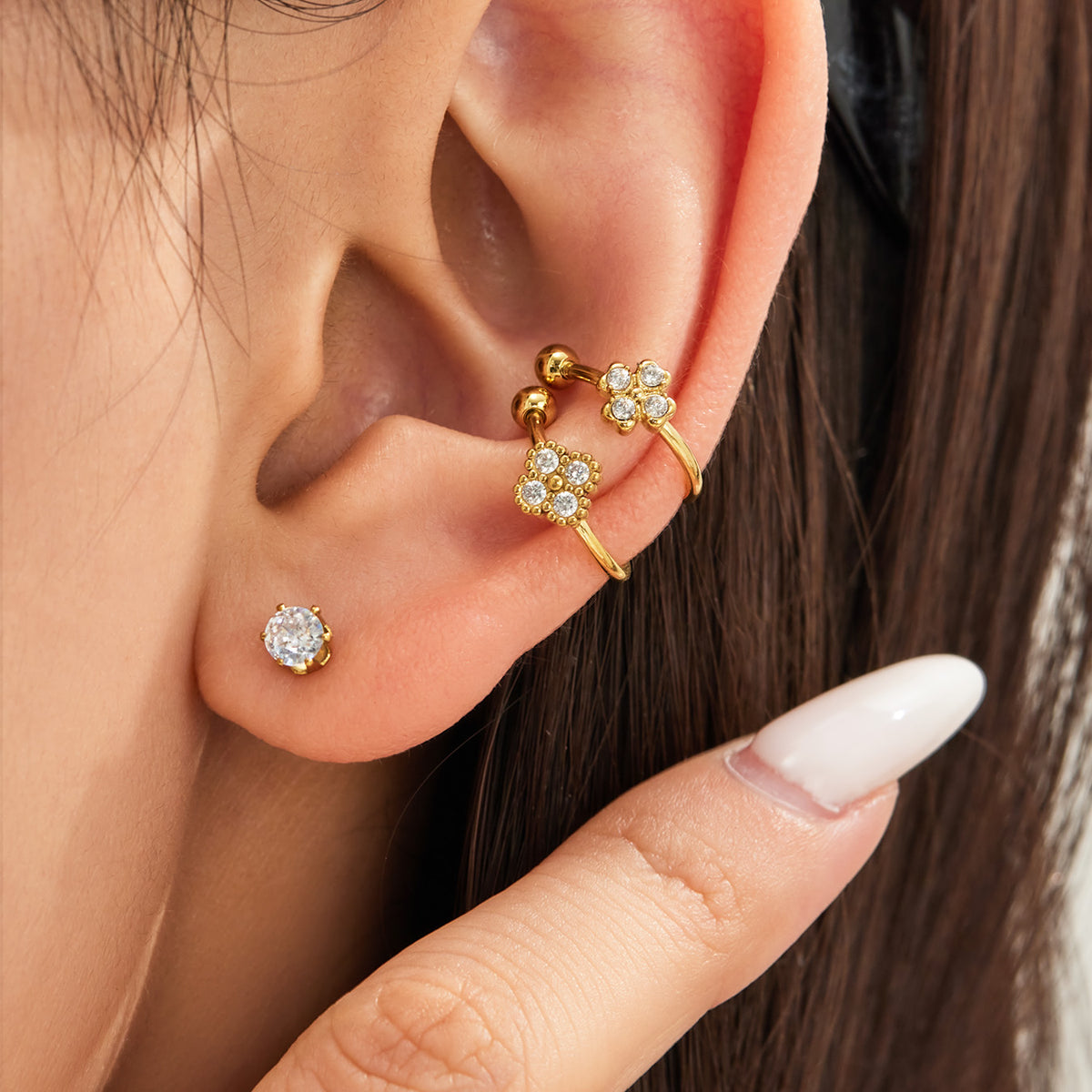 316L Stainless Steel 18K PVD Gold Geometric Four Petal Zircon Ear Clip made with 316L stainless steel and 18K PVD gold finish for wholesale jewelry buyers - image 13