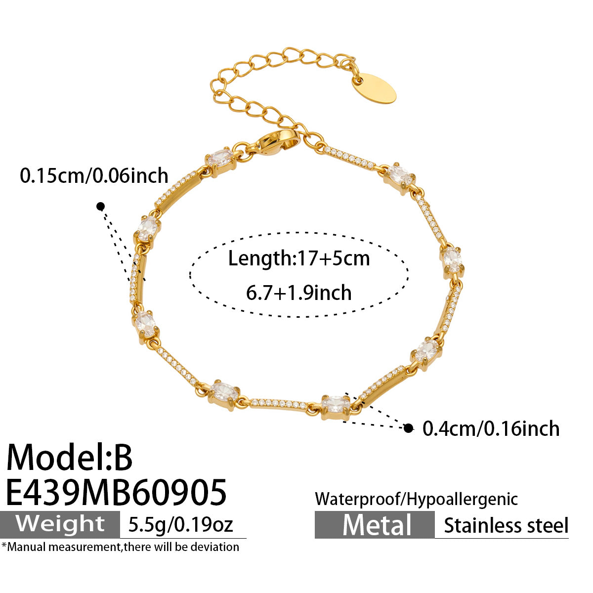 E439-B square zircon bracelet size guide showing adjustable bracelet measurements