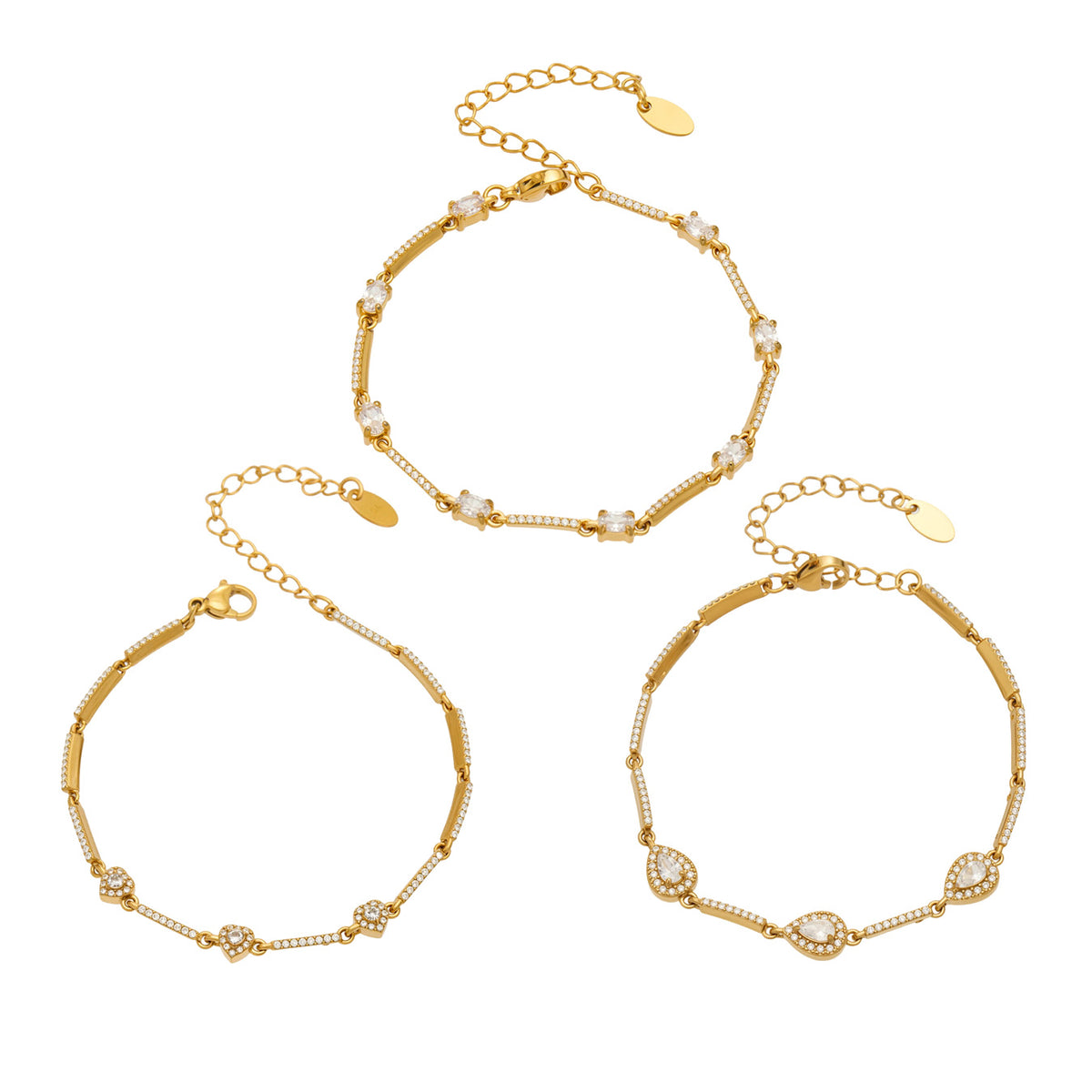 Geometric zircon bracelet collection with heart, square and teardrop designs in gold finish