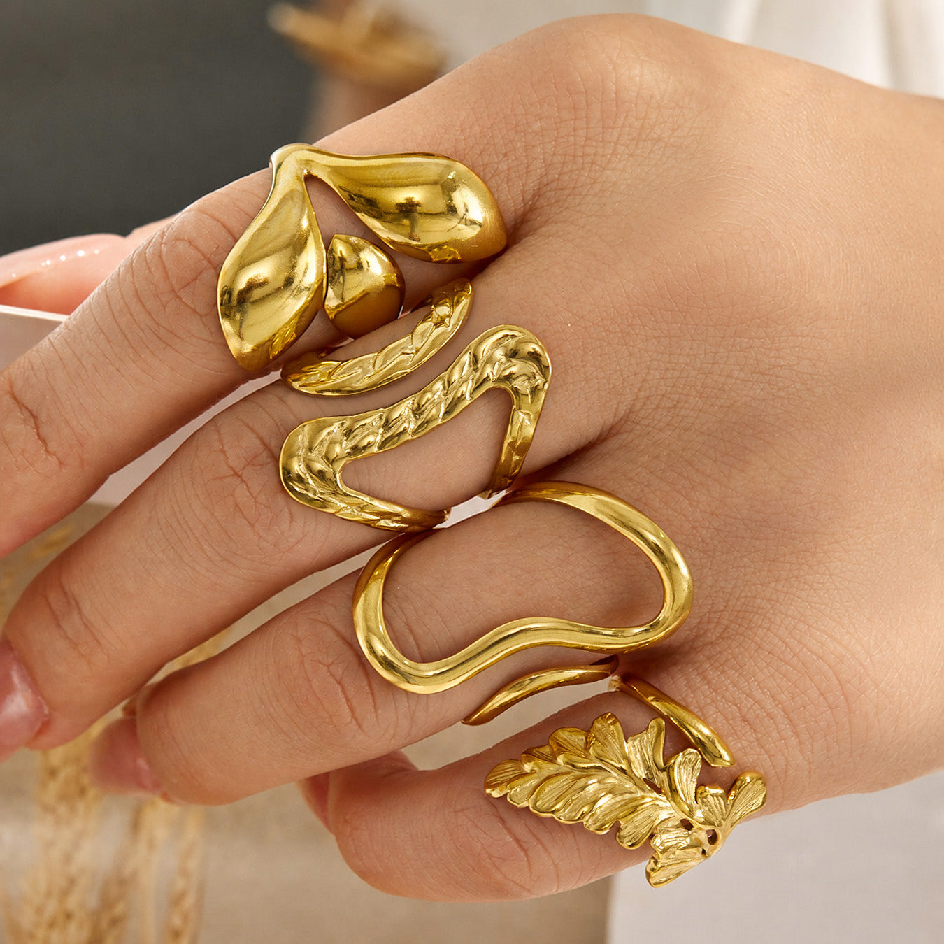 Close-up of 18K gold plated geometric ring