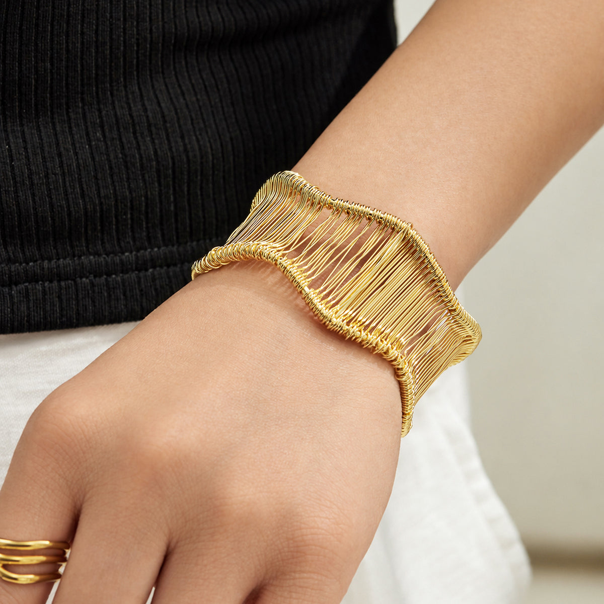 304 Stainless Steel 18K PVD Gold Geometric Wire Open Bangle made with 304 Stainless Steel and 18K PVD gold finish for wholesale jewelry buyers - image 12