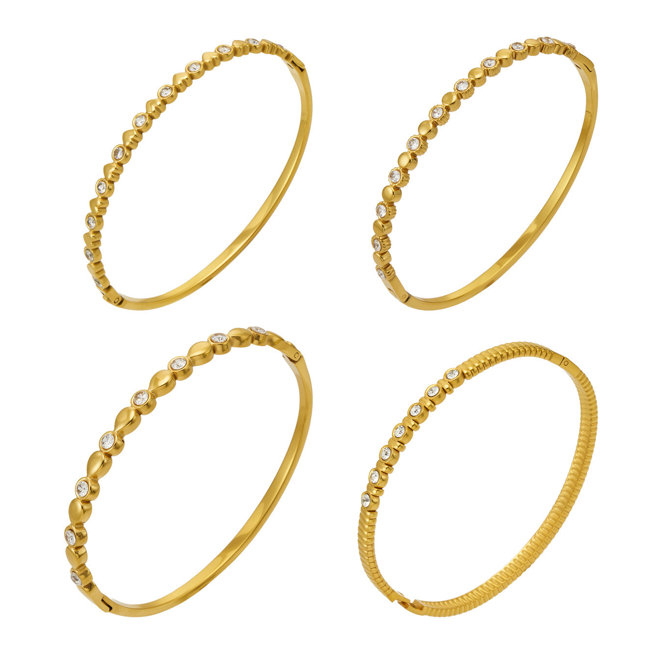 Four gold geometric zircon bangles in heart, round, teardrop and striped designs
