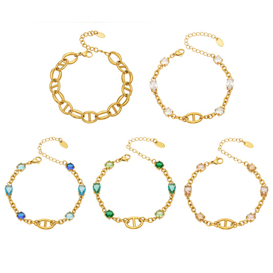Oval link bracelet collection with plain gold and white, blue, green and champagne zircon styles