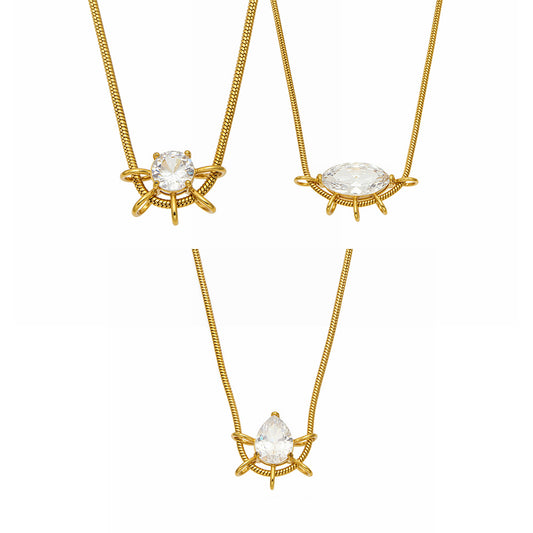 Teardrop, marquise and round zircon pendant necklaces in 18K PVD gold-plated 316L stainless steel