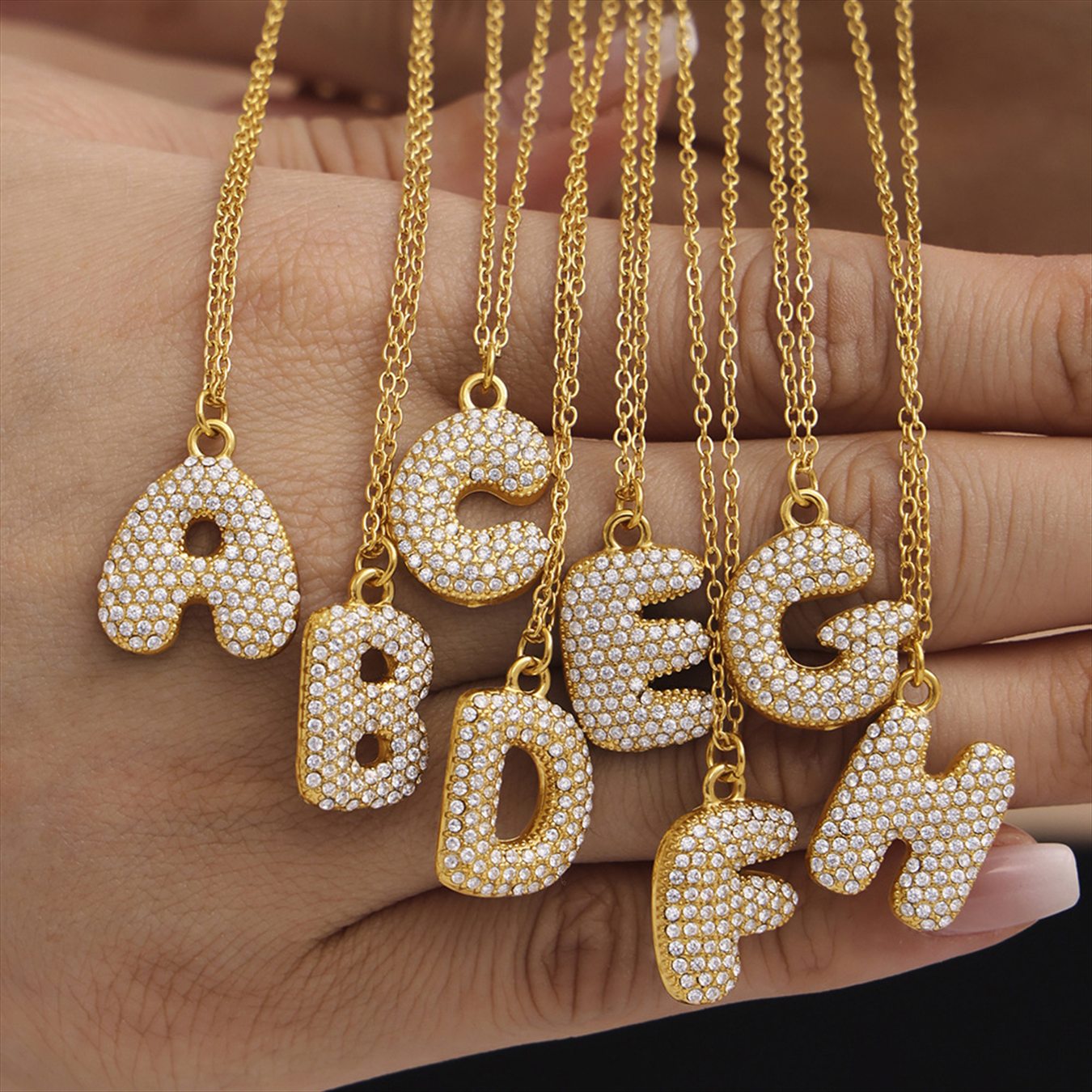Gold A to G iced out initial letter necklaces with full zircon pave pendants for wholesale jewelry display