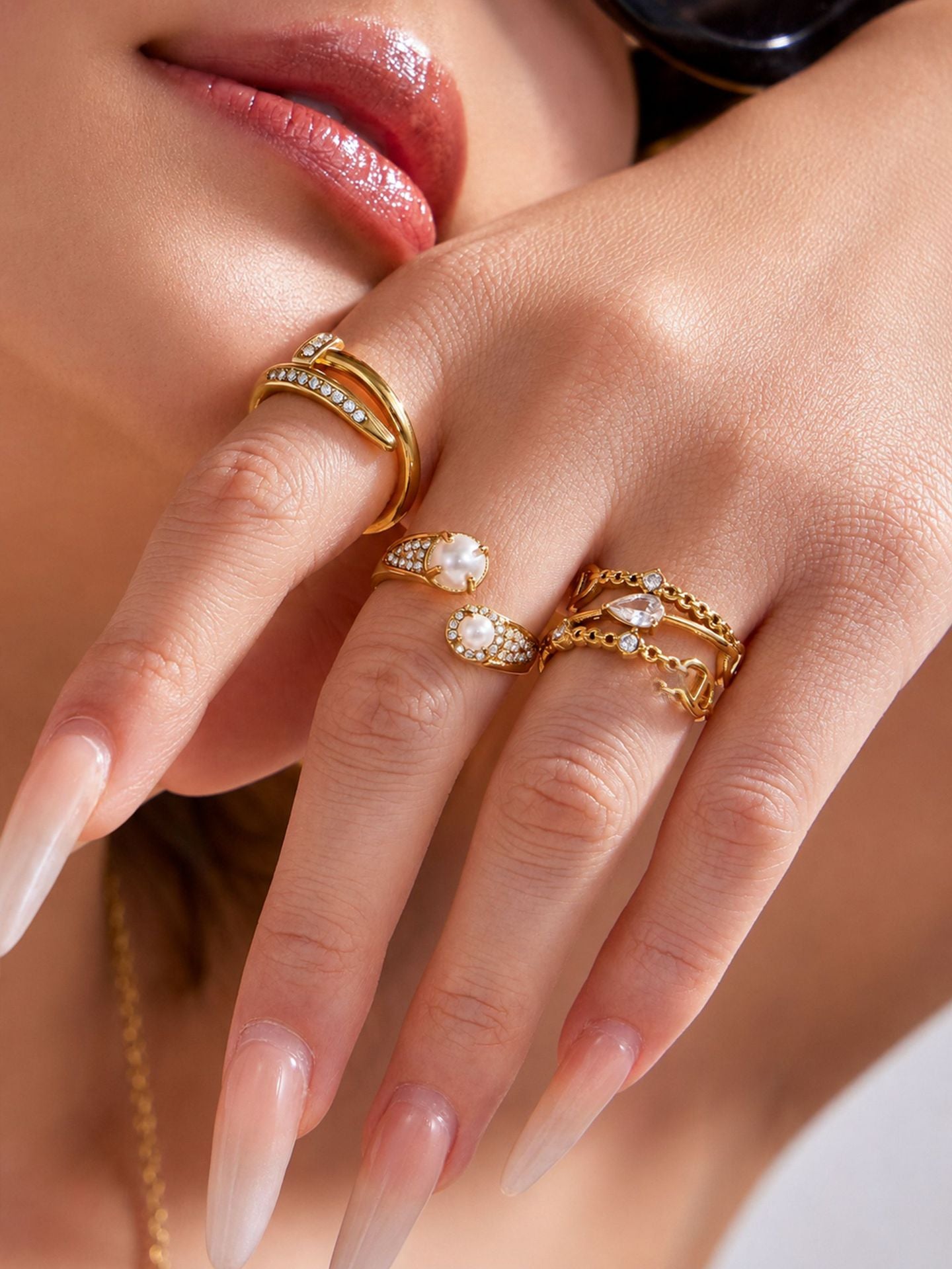 Gold adjustable zircon open ring worn on hand with stackable fashion ring styling