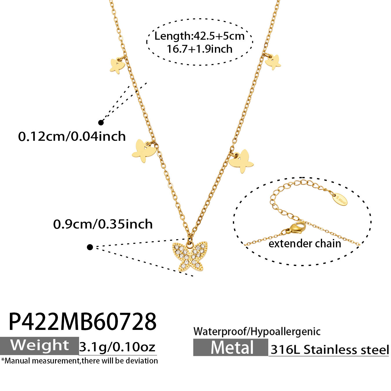Gold butterfly zircon necklace chain length, pendant size and product specification guide