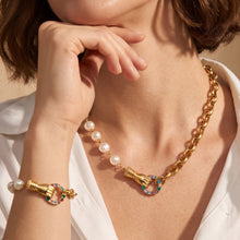 Gold stainless steel chain necklace and bracelet with freshwater pearl and zircon details