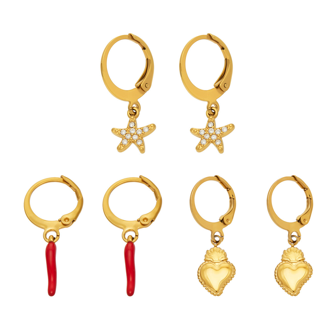 Gold charm huggie earrings in 316 stainless steel featuring starfish, red chili pepper and heart pendant designs