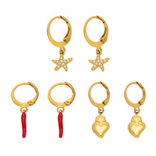Gold charm huggie earrings in 316 stainless steel featuring starfish, red chili pepper and heart pendant designs