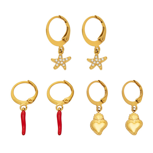 Gold charm huggie earrings in 316 stainless steel featuring starfish, red chili pepper and heart pendant designs