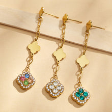 Gold clover crystal drop earrings in multicolor, white and green styles