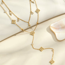Gold four-leaf clover zircon Y necklace with delicate drop chain