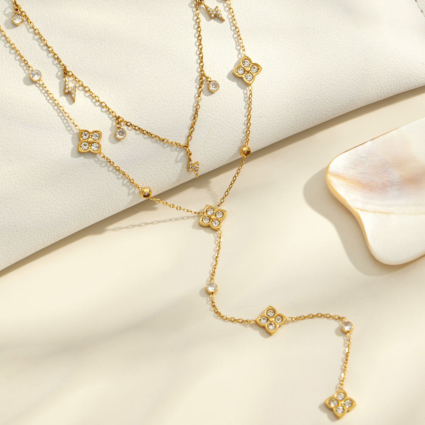 Gold four-leaf clover zircon Y necklace with delicate drop chain