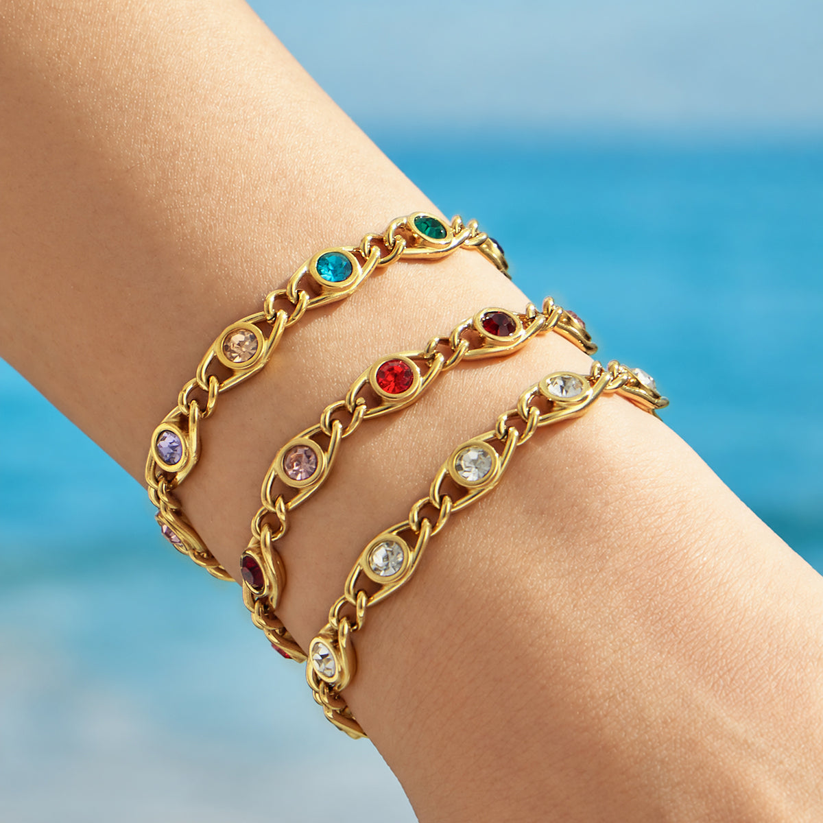 Gold colorful zircon bracelets worn on wrist