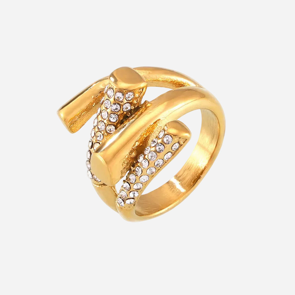Gold geometric crisscross stainless steel ring with cubic zirconia details

