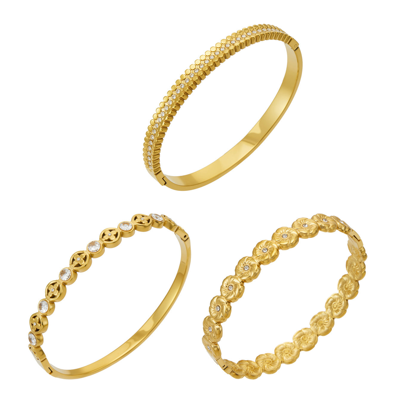 Three gold-tone cubic zirconia hinged bangles in striped, floral and openwork designs