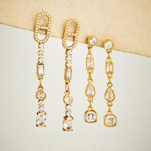 Gold cubic zirconia drop earrings in rectangular-link and linear dangle designs