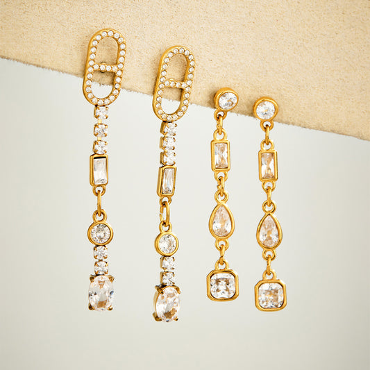Gold cubic zirconia drop earrings in rectangular-link and linear dangle designs