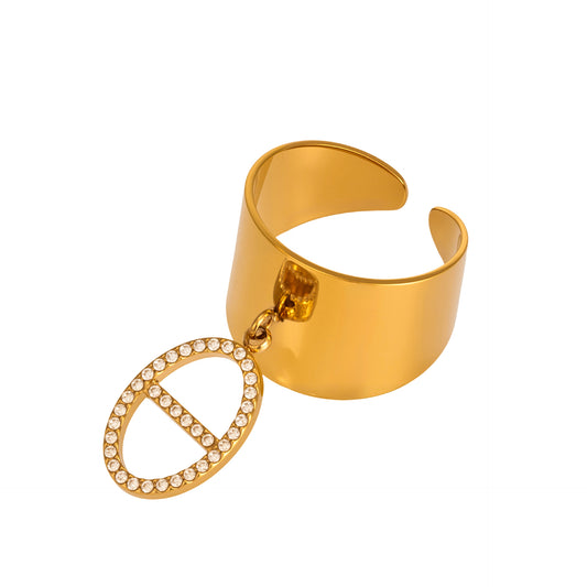 Gold CZ pendant open ring in 316L stainless steel with wide statement band for wholesale boutique jewelry buyers